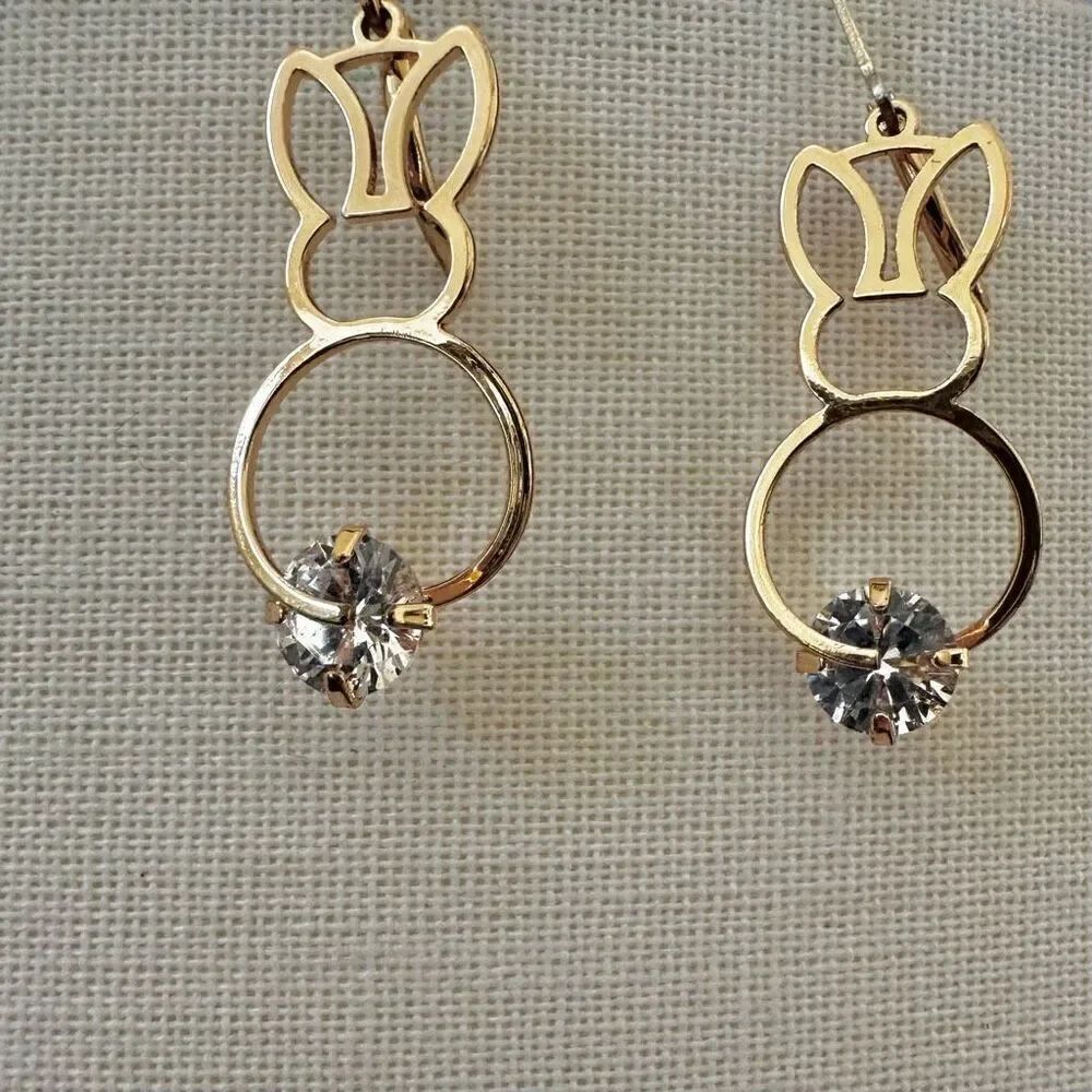Gold tone Bunny outline rhinestone dangling earrings